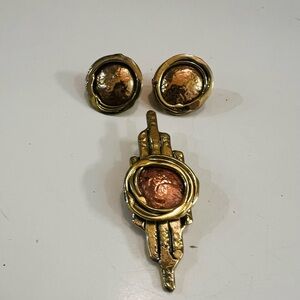 Vintage 80s brutalist set pierced earrings & pendant copper brass